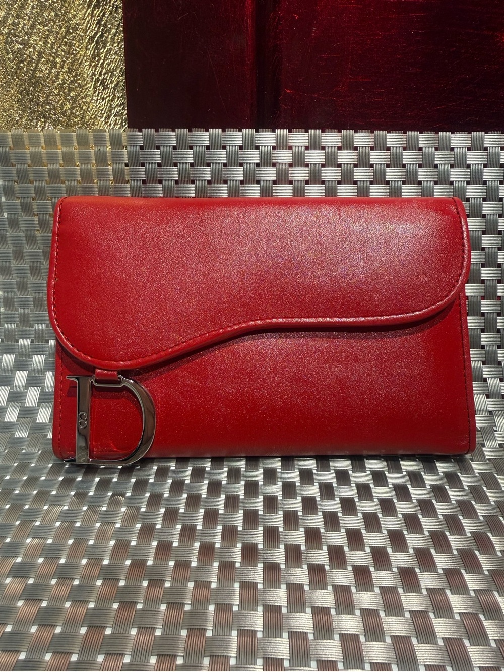 Dior Vintage Saddle Red Leather Card Wallet with Silver 'D' Accent